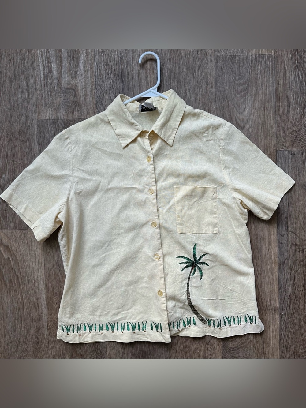 AKC Women’s 1X Linen Blend Palm Tree Embroidered Button Up Shirt Short Sleeve